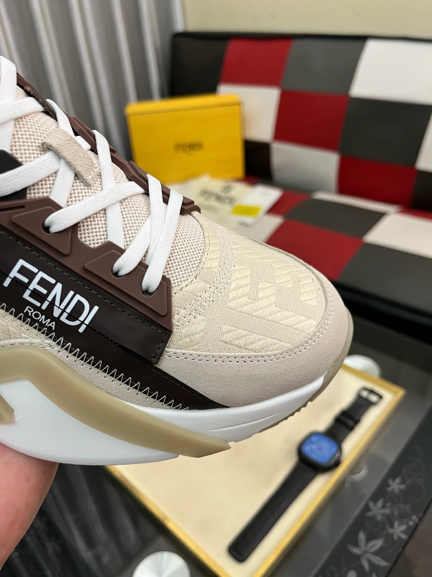 Men's men's shoes 💰540⌚️⌚️ FEND* — Fendi Flow men's casual sneakers, with elastic straps, side zippers, and corrugated soles engraved with F. Embossed Fendi Flow lettering on the heel. Made of technical fabric and a mix of blue and genuine leather. Decorated with Lycra® details. FF graphic tongue. Ultra-light and wear-resistant EVA sole. Code number: 38-44